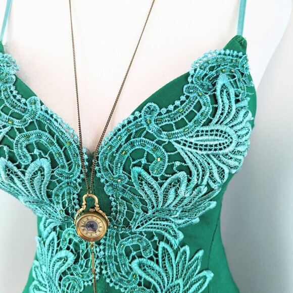 VTG 00s Y2K NOA Green Floral Embellished Beaded Faux Corset Lace Up Bustier Sz L - Picture 5 of 6